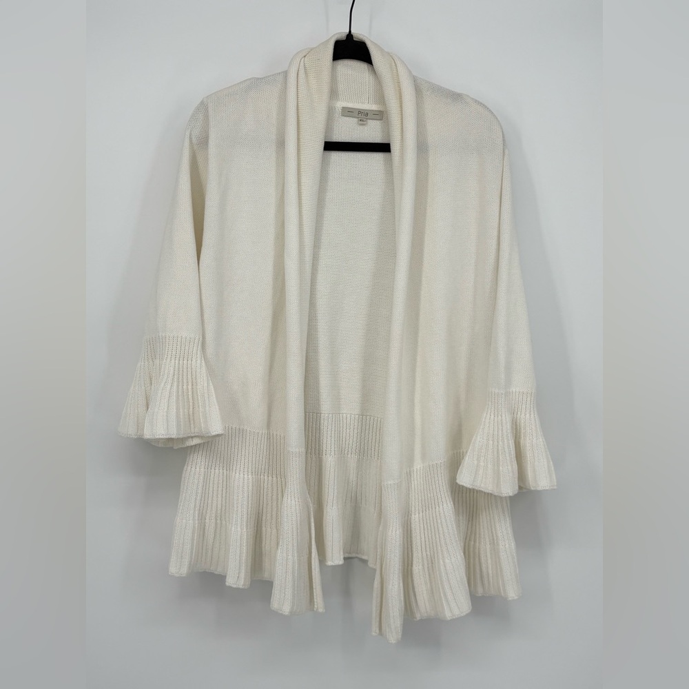 PRIA Sweater Open-Front Ruffle Hem Cream Women’s XL